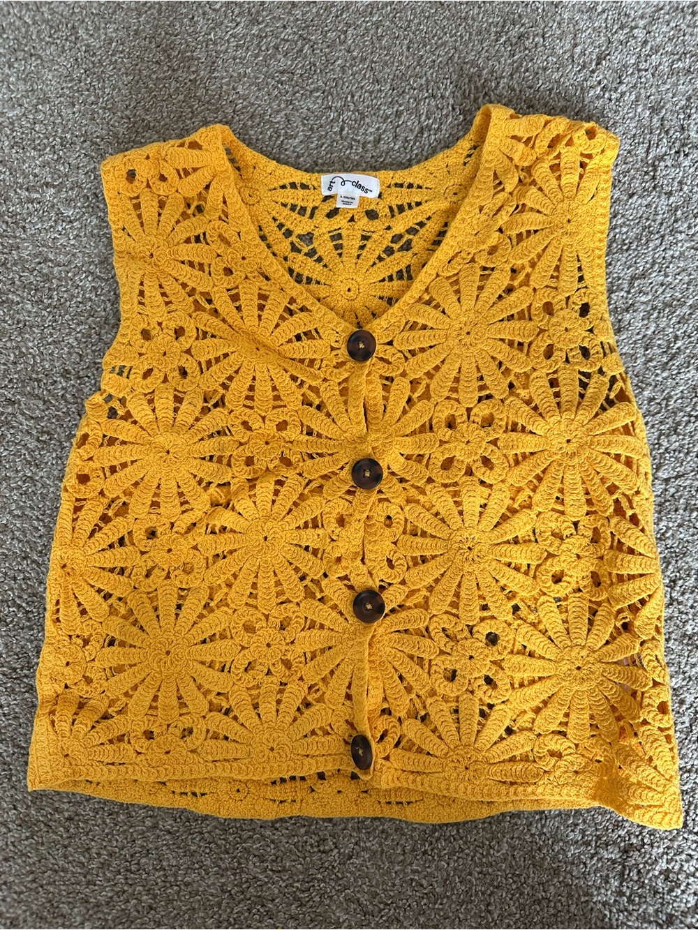 art class Crochet Flower Button Vest - Mustard Yellow